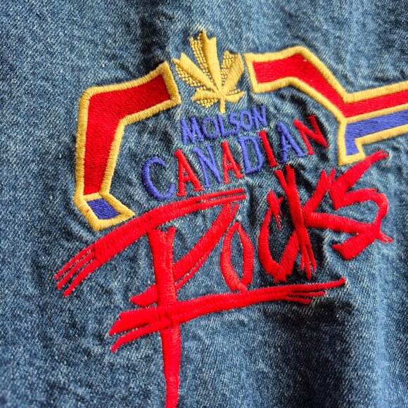 Vintage Molson Canadian Rocks Denim Bomber Coat Snap Front Jacket XL - Picture 13 of 15